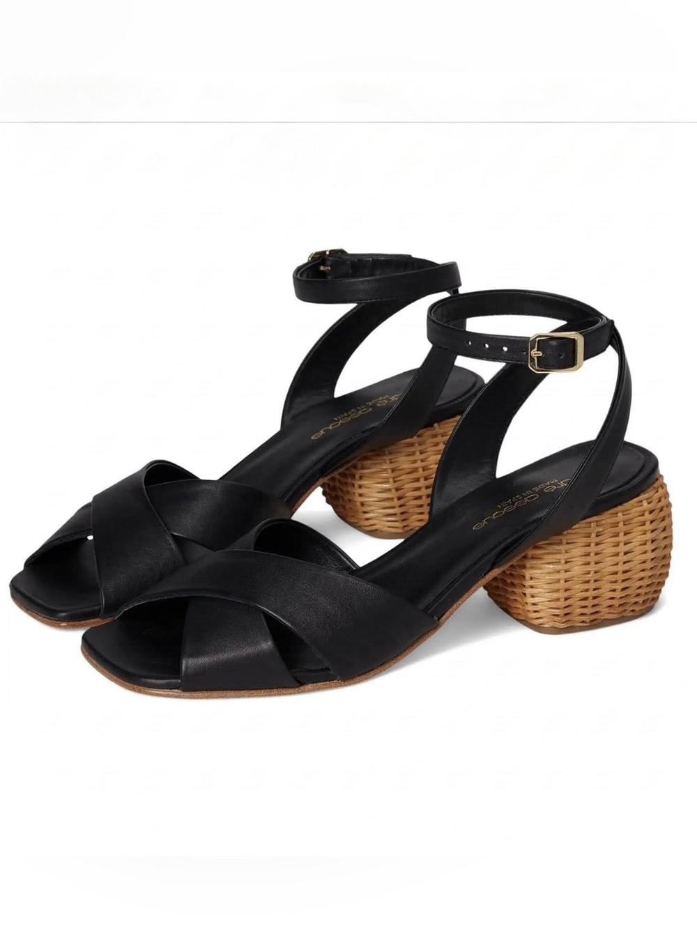 ANDRE ASSOUS Winona Black Leather Wicker Heel Ankle Strap Sandal--NEW--9